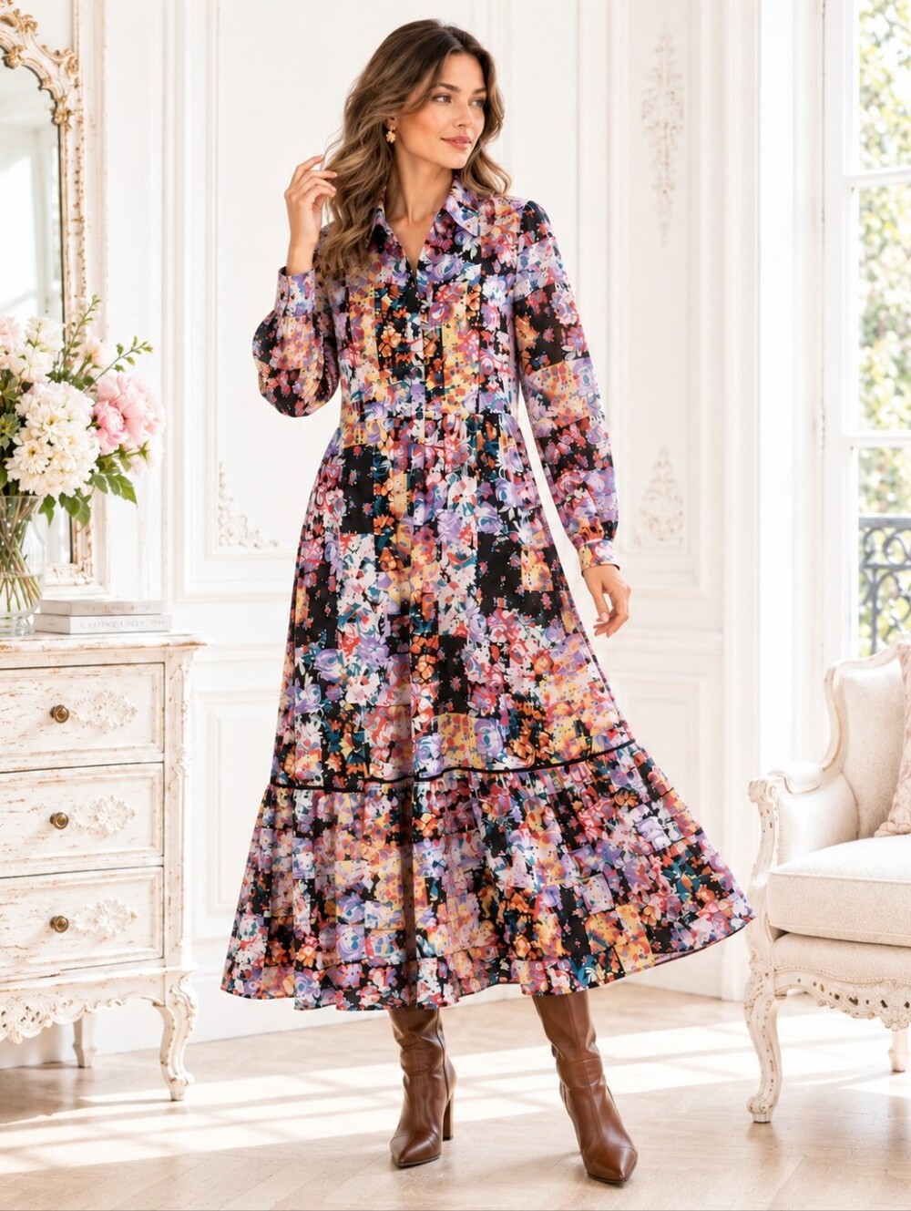 Harlow & Rose | Patchwork Floral Midi Dress Tiered Button Front | Size XL